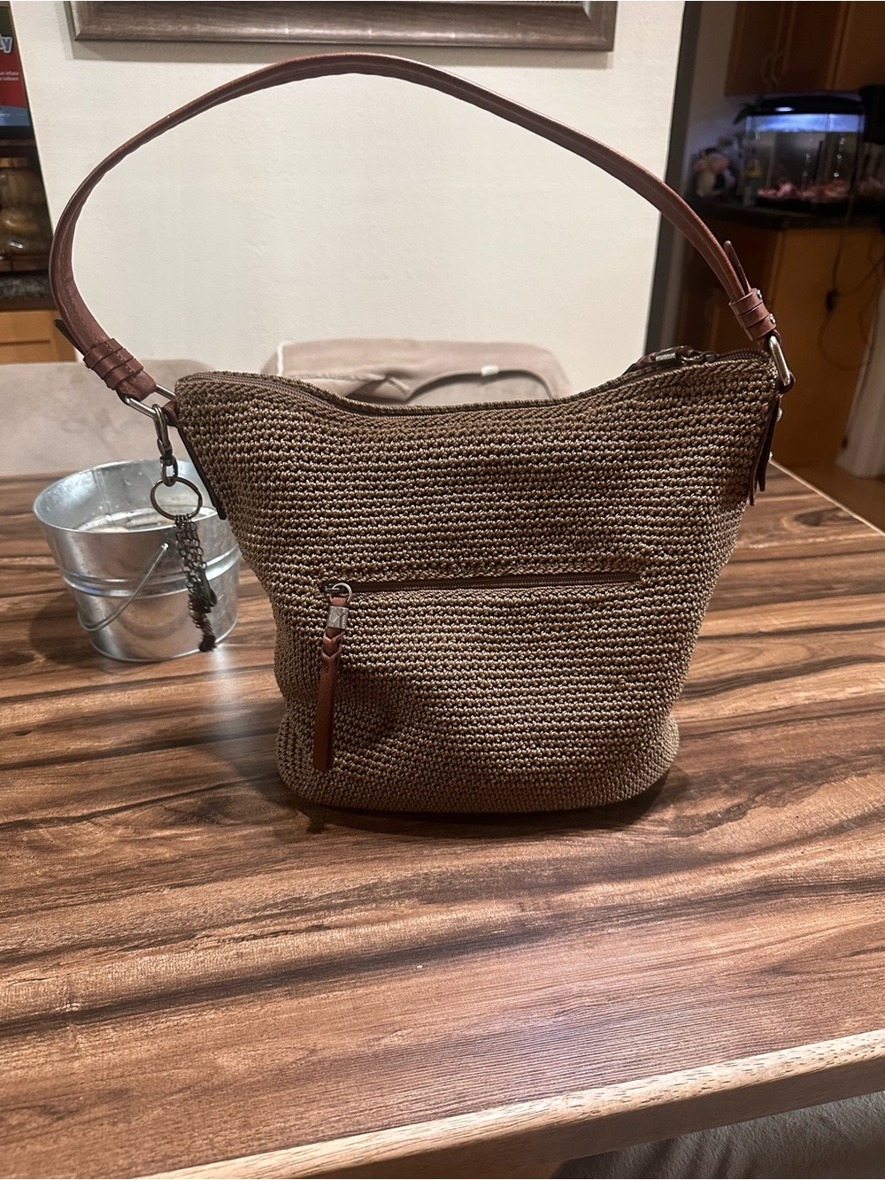 The Sak Sequoia Brown Woven & Faux Leather Hobo Tote Shoulder Handbag Purse